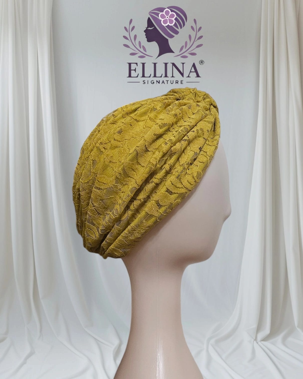 D39 Lace Turban, Mustard Yellow Color