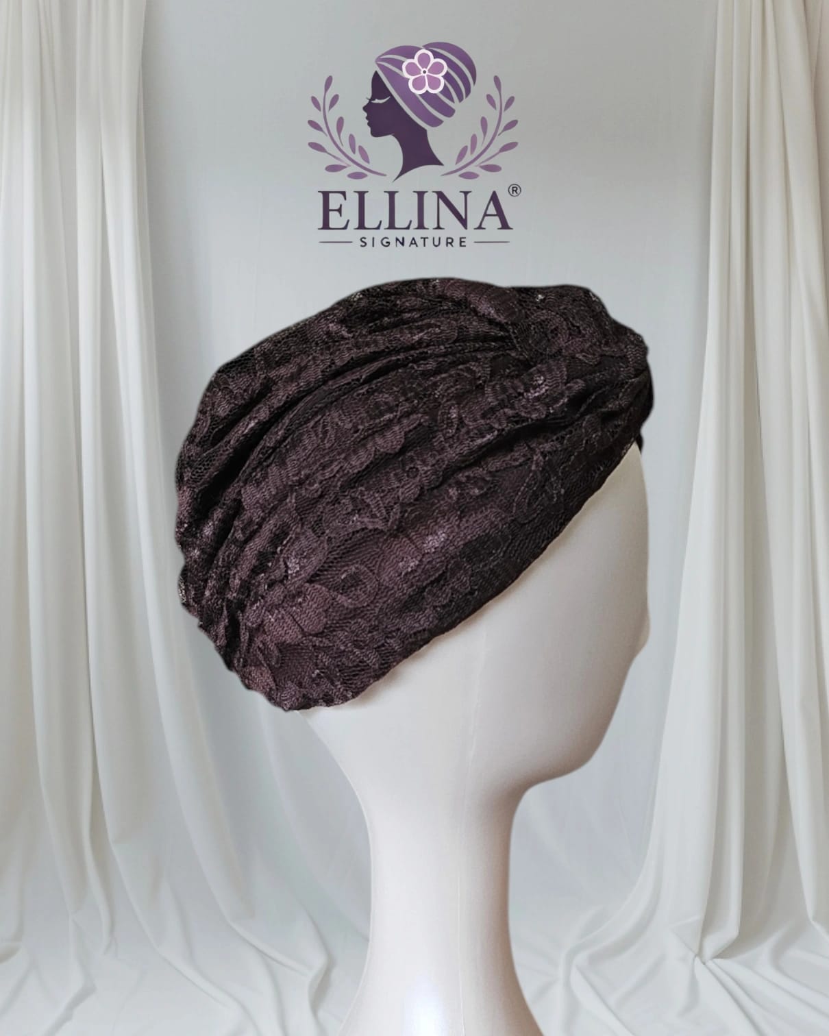 D35 - Turban en Dentelle, Couleur Marron Foncé