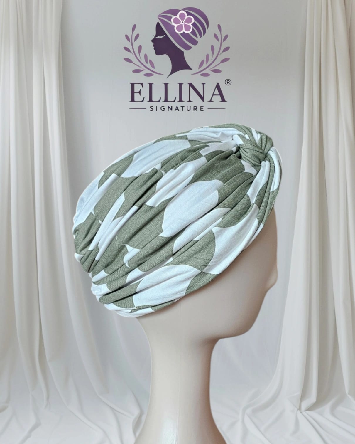 C30 - Lycra Turban, Green &amp; White Color with Pattern