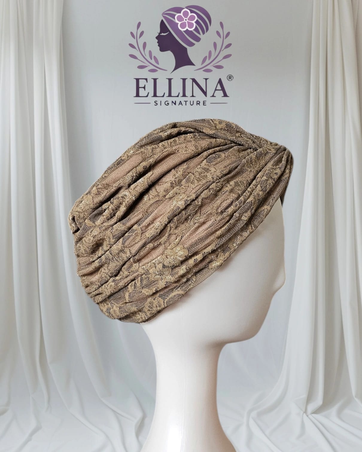 D38 - Turban en Dentelle, Couleur Marron Camel