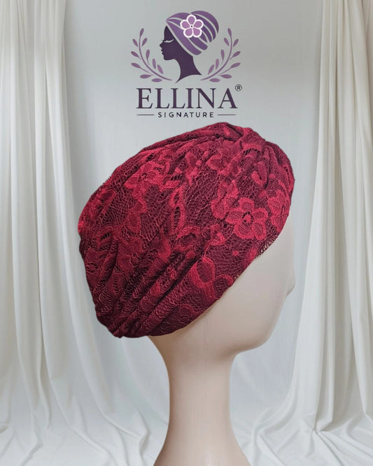 D31 - Turban en Dentelle, Couleur Rouge Bordeaux