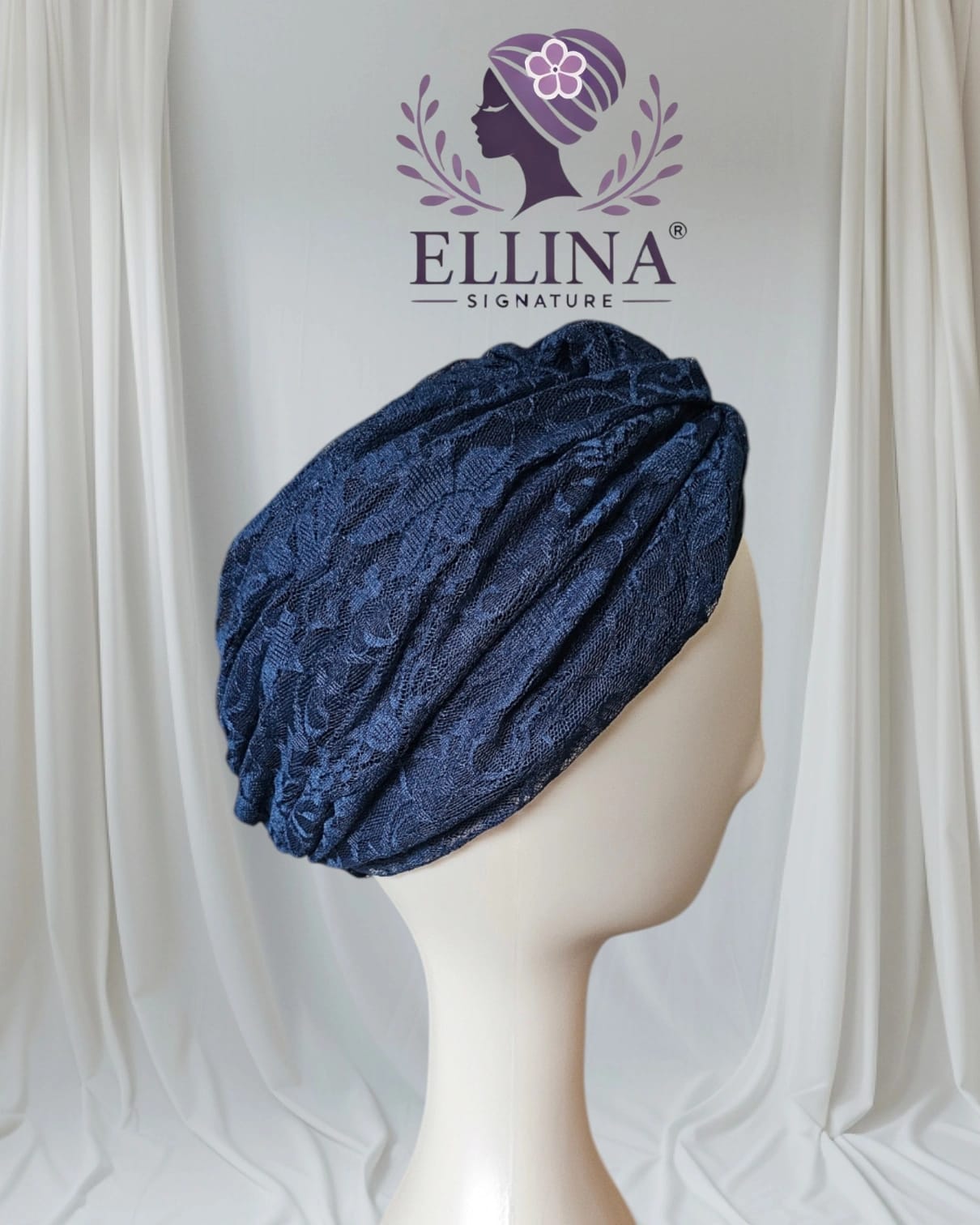 D33 - Turban en Dentelle, Couleur Bleu Nuit