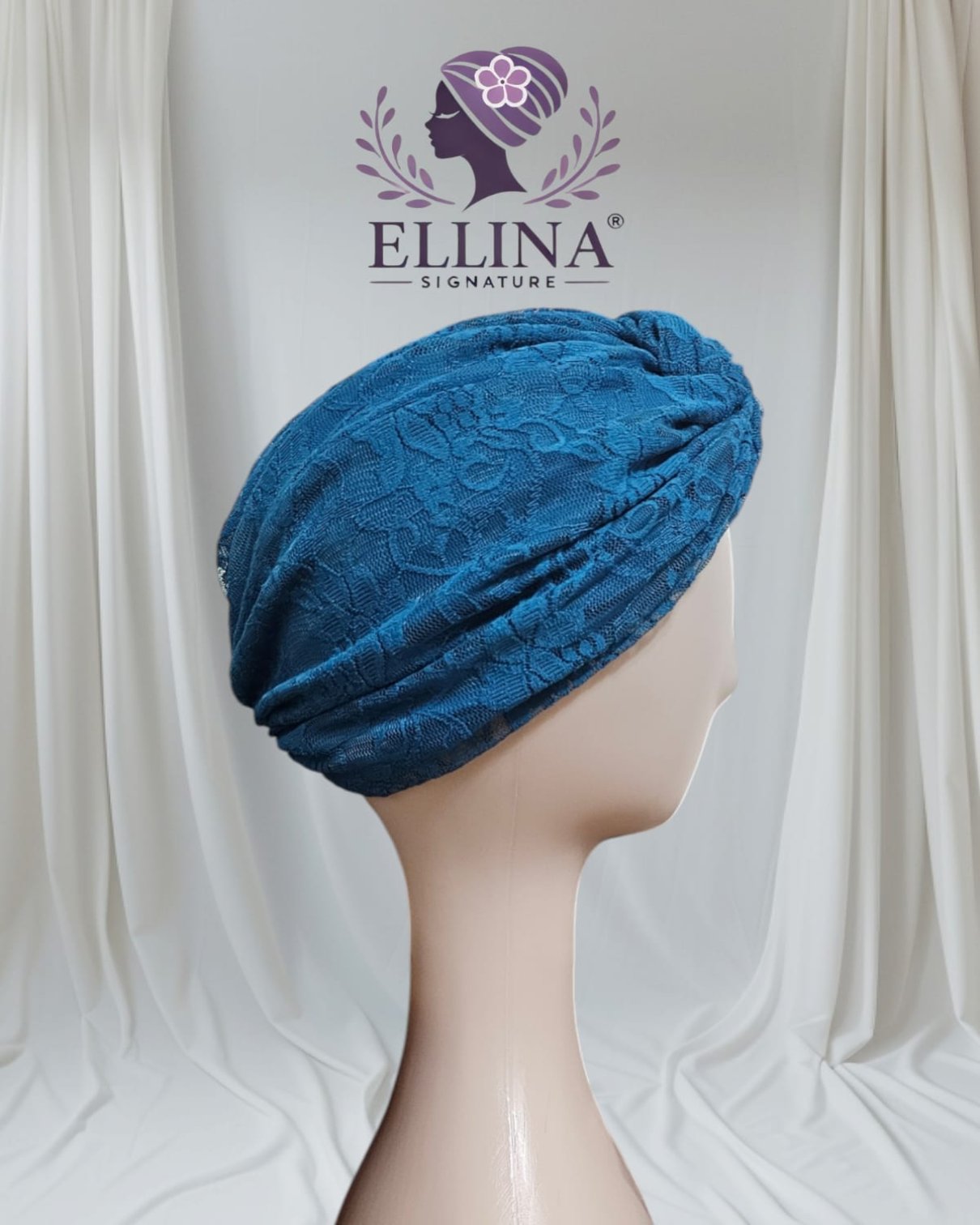 D30 - Turban en Dentelle, Couleur Bleu Canard